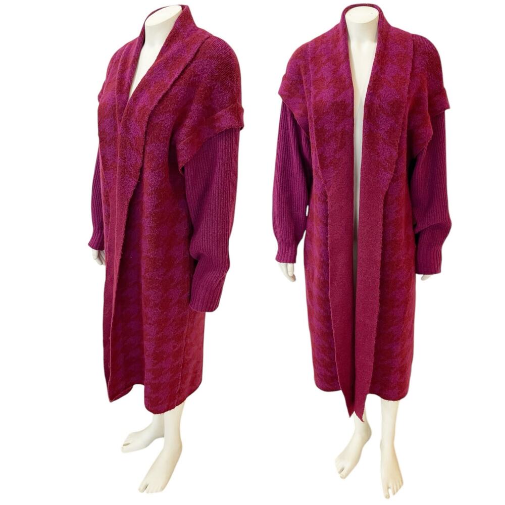 Liz Claiborne Houndstooth Long Duster Cardigan Red Pink PL
